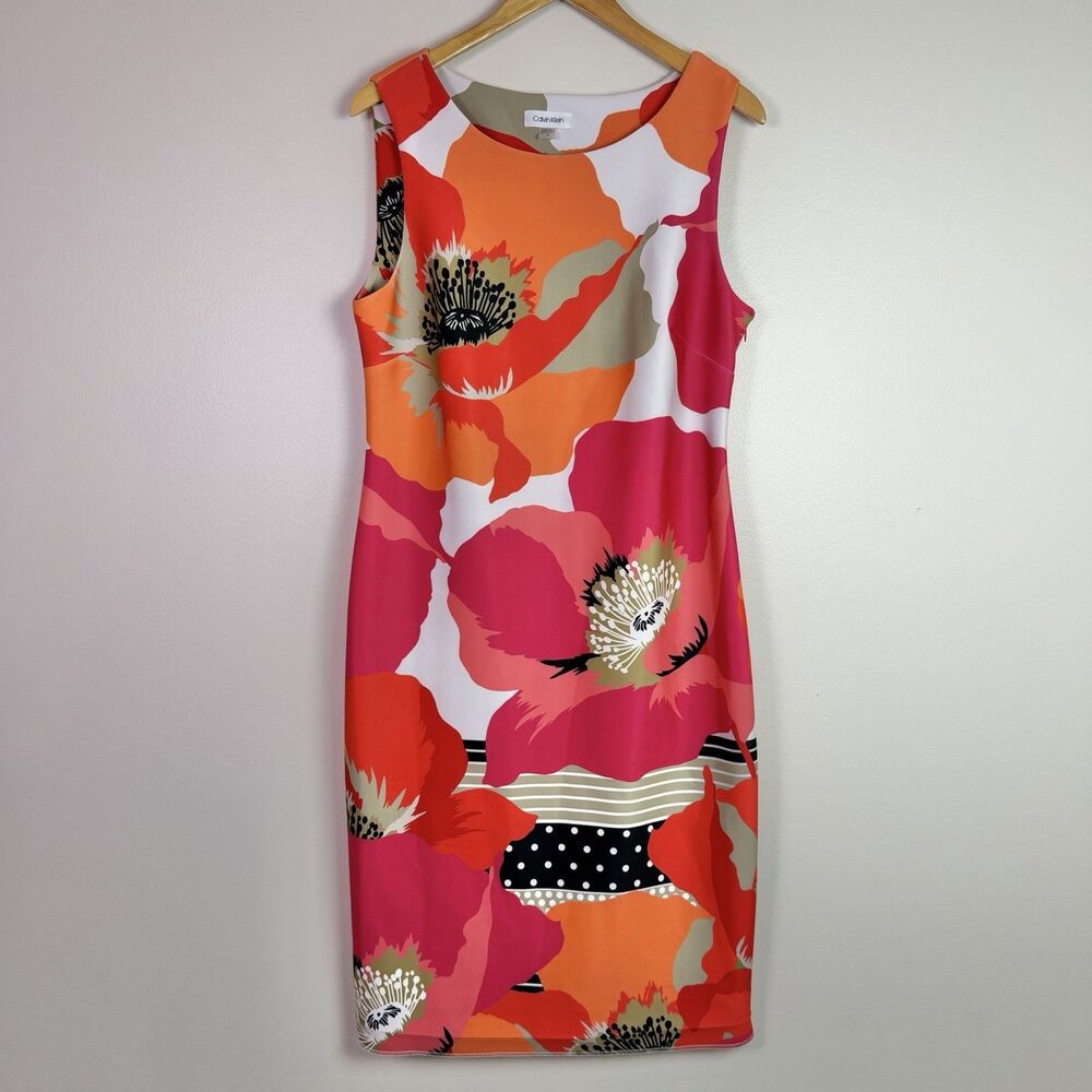 Calvin Klein Floral Sheath Midi Dress Women's 12 Pink Orange Bold Career Office - Picture 3 of 16